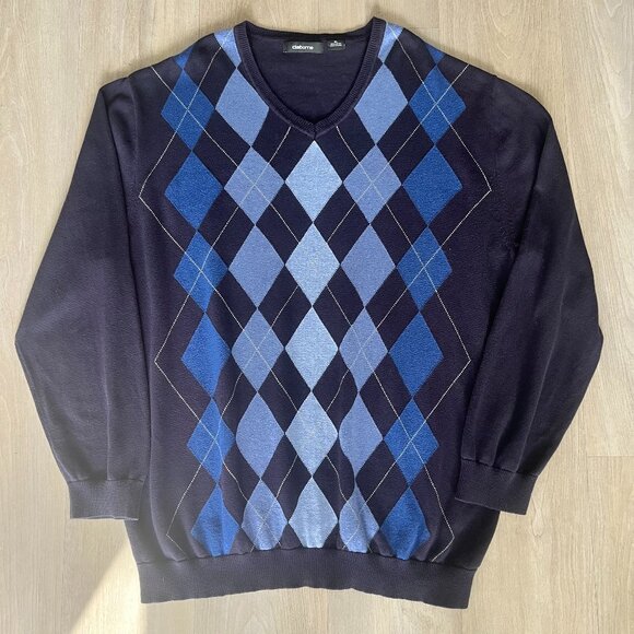 Claiborne Mens Blue Argyle 100% Cotton V-Neck Pullover Sz XL Golf Preppy Coastal - Picture 1 of 4